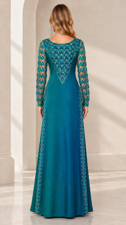 Back view of woman wearing teal blue embroidered scoop back evening gown