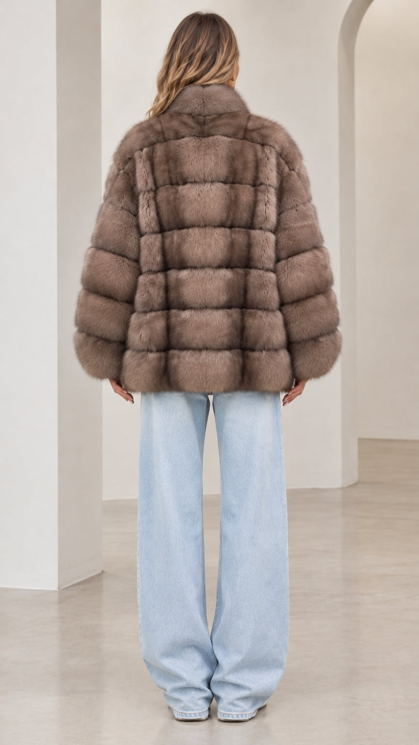 Back view of model wearing the taupe paneled faux fur jacket