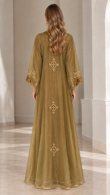 Olive Gold sheer embellished kaftan maxi dress back view
