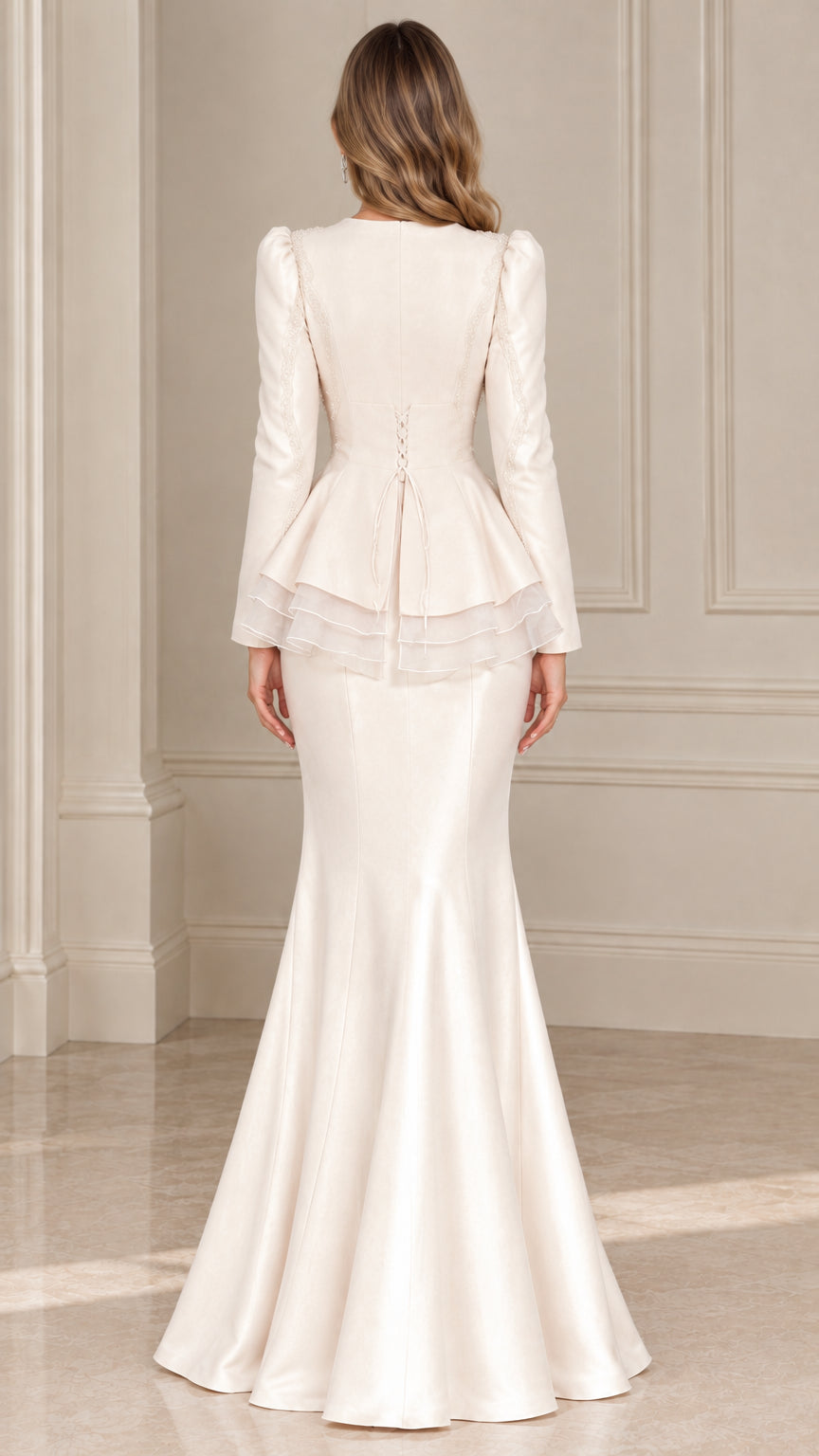 Back view of ivory peplum evening set showing lace-up corset detail and mermaid train