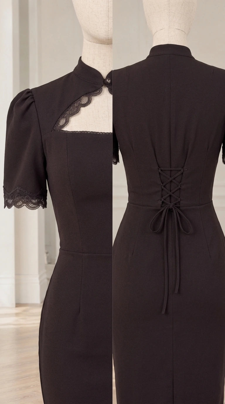 Close-up detail of lace neckline cutout and corset back tie