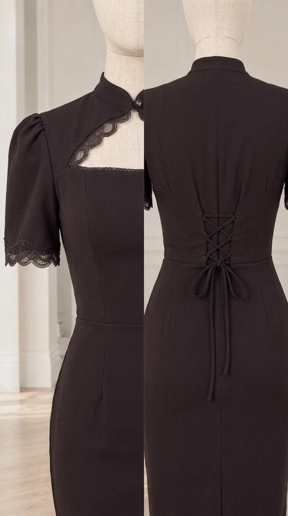 Close-up detail of lace neckline cutout and corset back tie