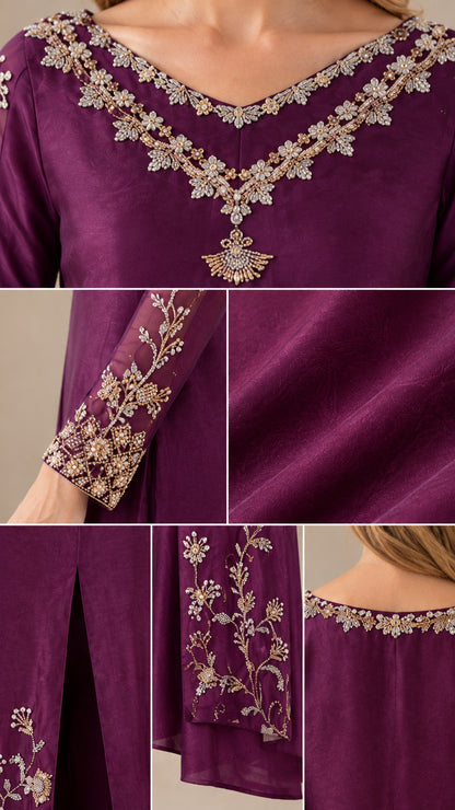 Close-up details of metallic embroidery on neckline, cuffs, and hem of plum tunic set