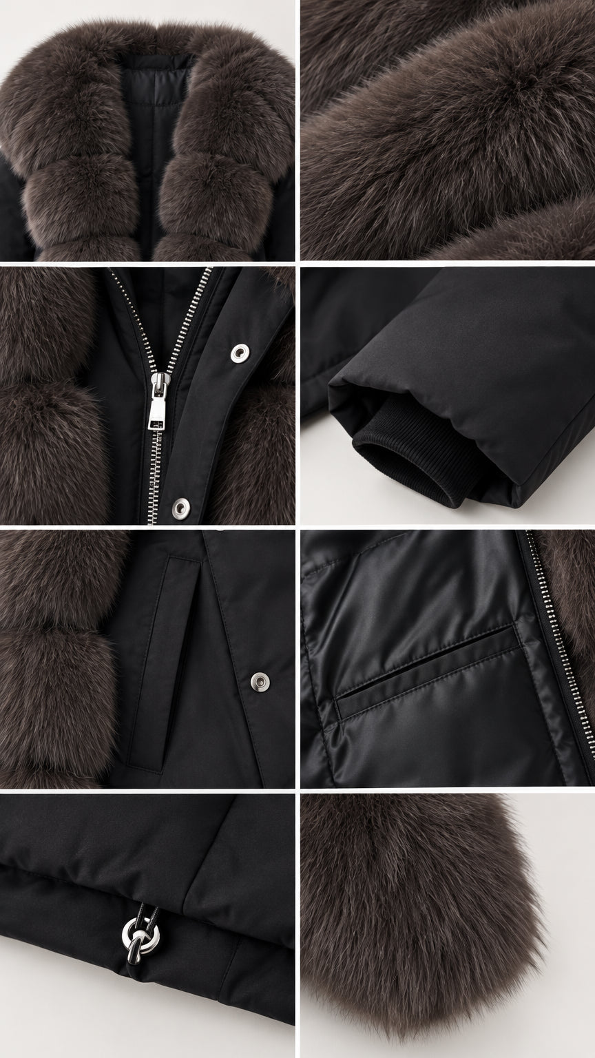 Detailed close-up views of plush collar, metal zipper, storm cuffs, and toggle hem