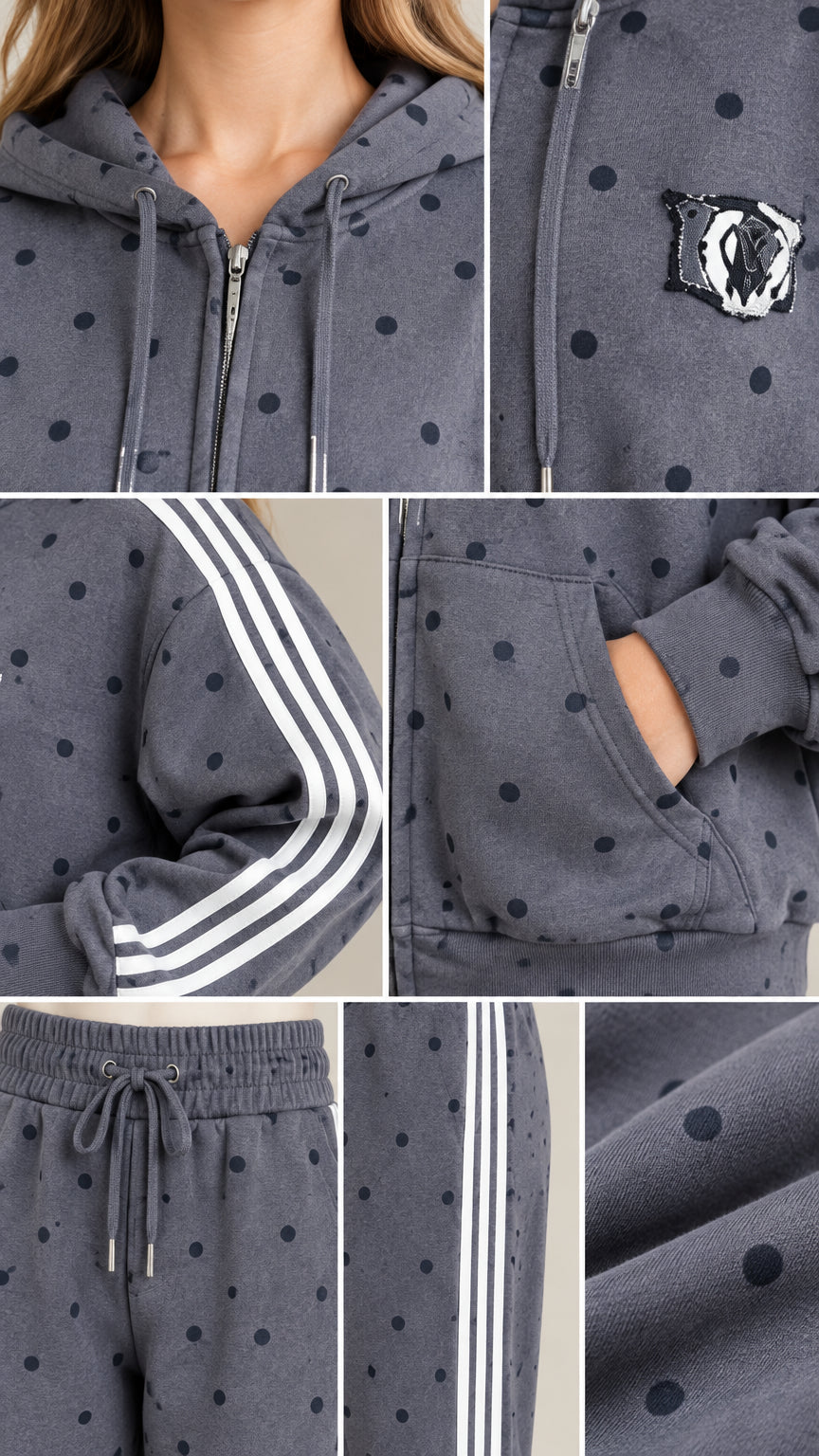 Detailed close-up collage showing hood drawstring, chest graphic, striped sleeves, front pockets, and waistband