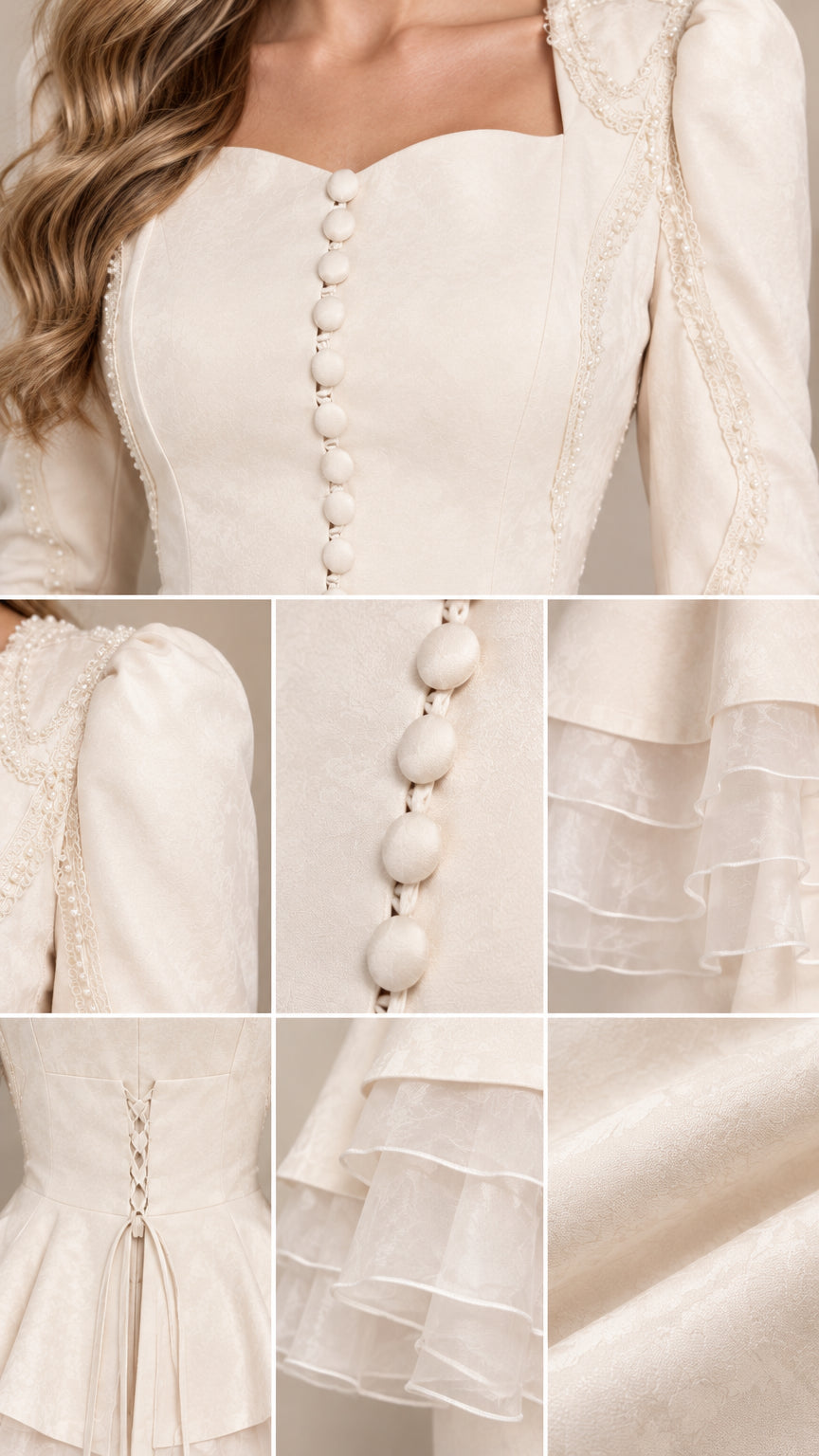 Close-up details of covered buttons, neckline, shoulder trim, and tiered ruffle hem