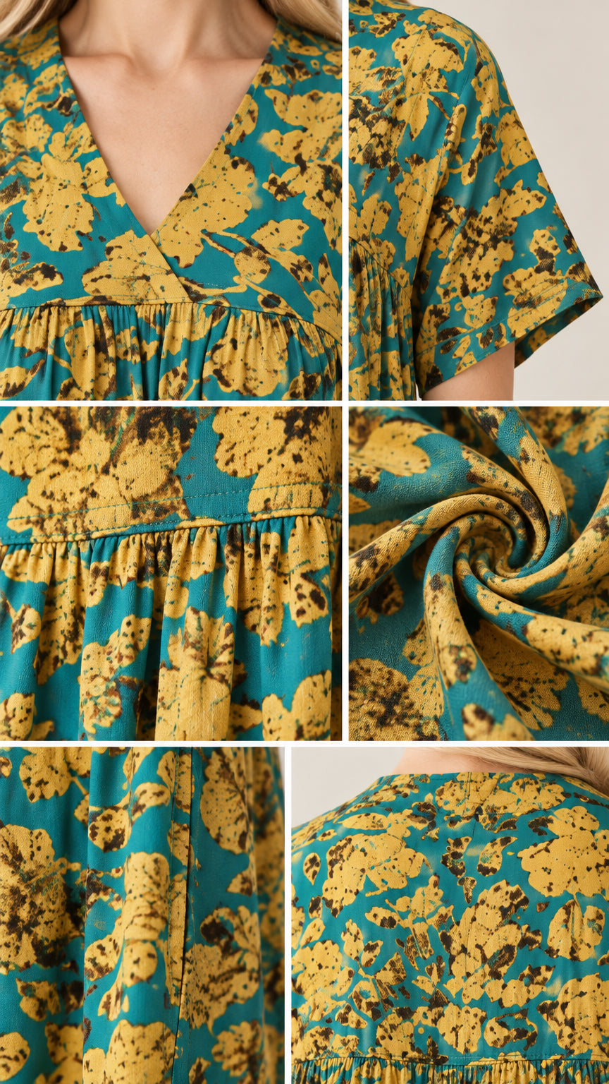 Close-up details of V-neckline, short sleeve, gathered seam, and textured floral fabric