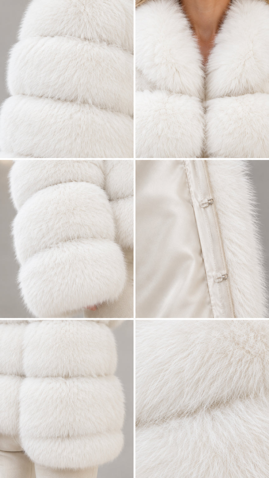 Close-up details of white faux fur texture and concealed hook-and-eye closure