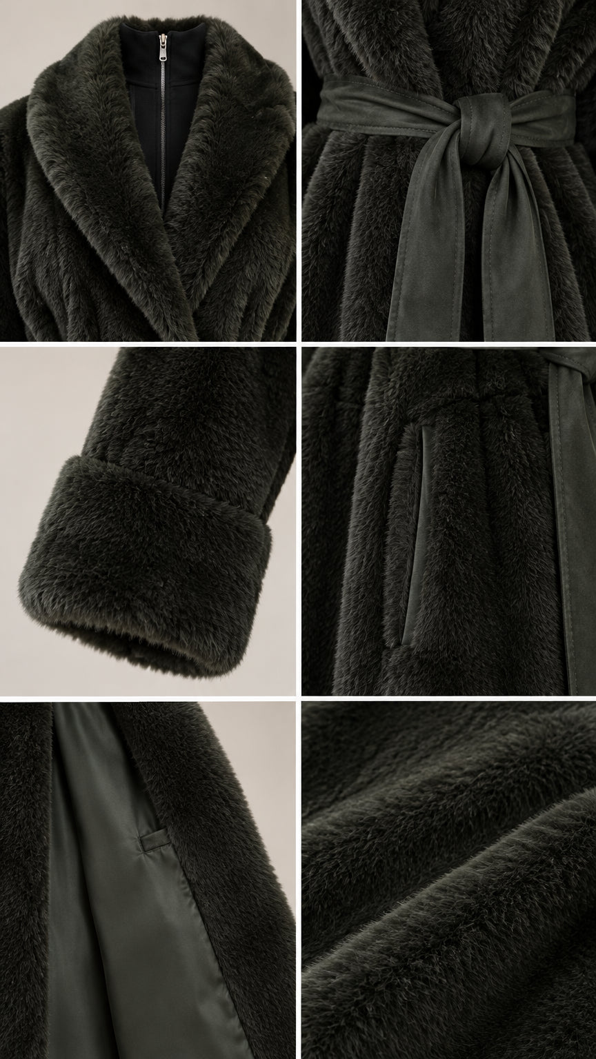 Close-up details of collar, belt, cuff, pocket, lining, and plush texture