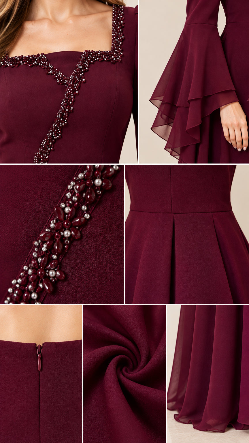 Close-up details of pearl beading, tiered cuffs, and hidden zipper on Burgundy gown