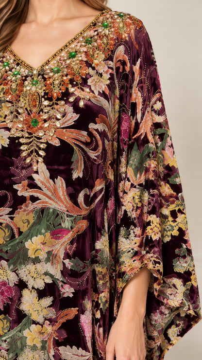 Close-up detail of embellished jewel neckline on Plum floral velvet kaftan