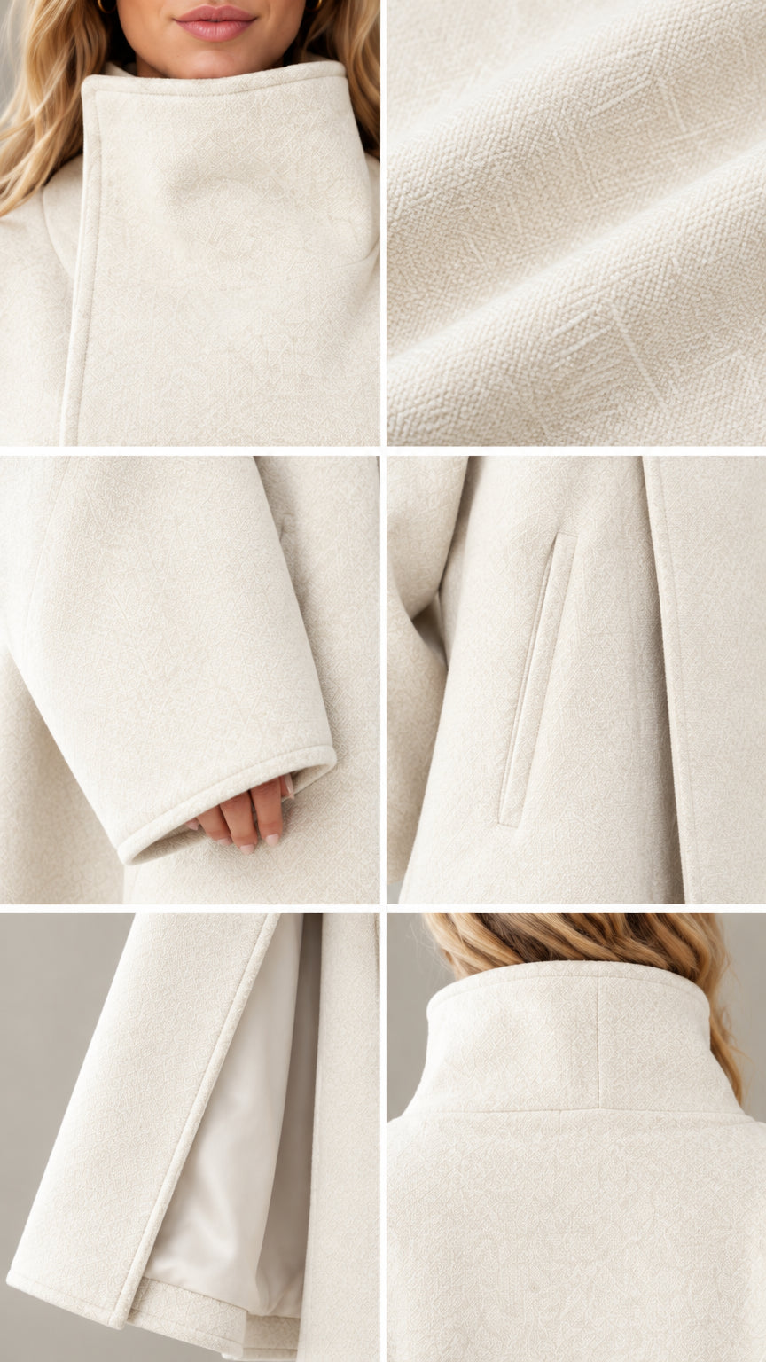 Close-up details of Cream coat fabric texture, stand collar, and pocket finish