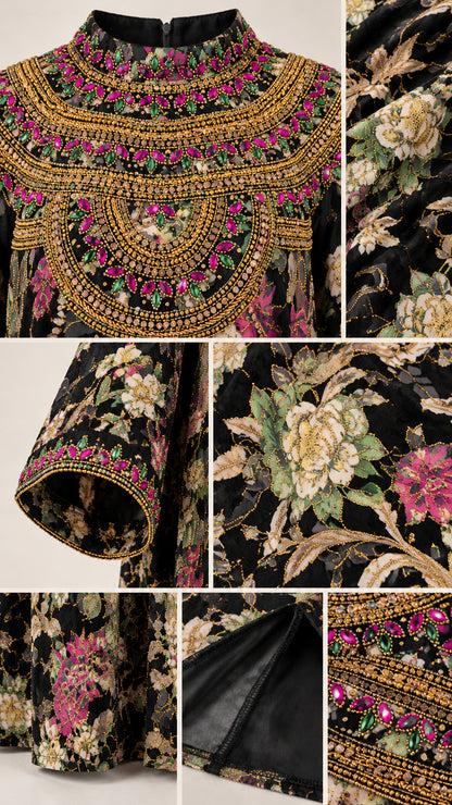 Close-up details of beaded neckline trim, cuffs, and floral fabric texture