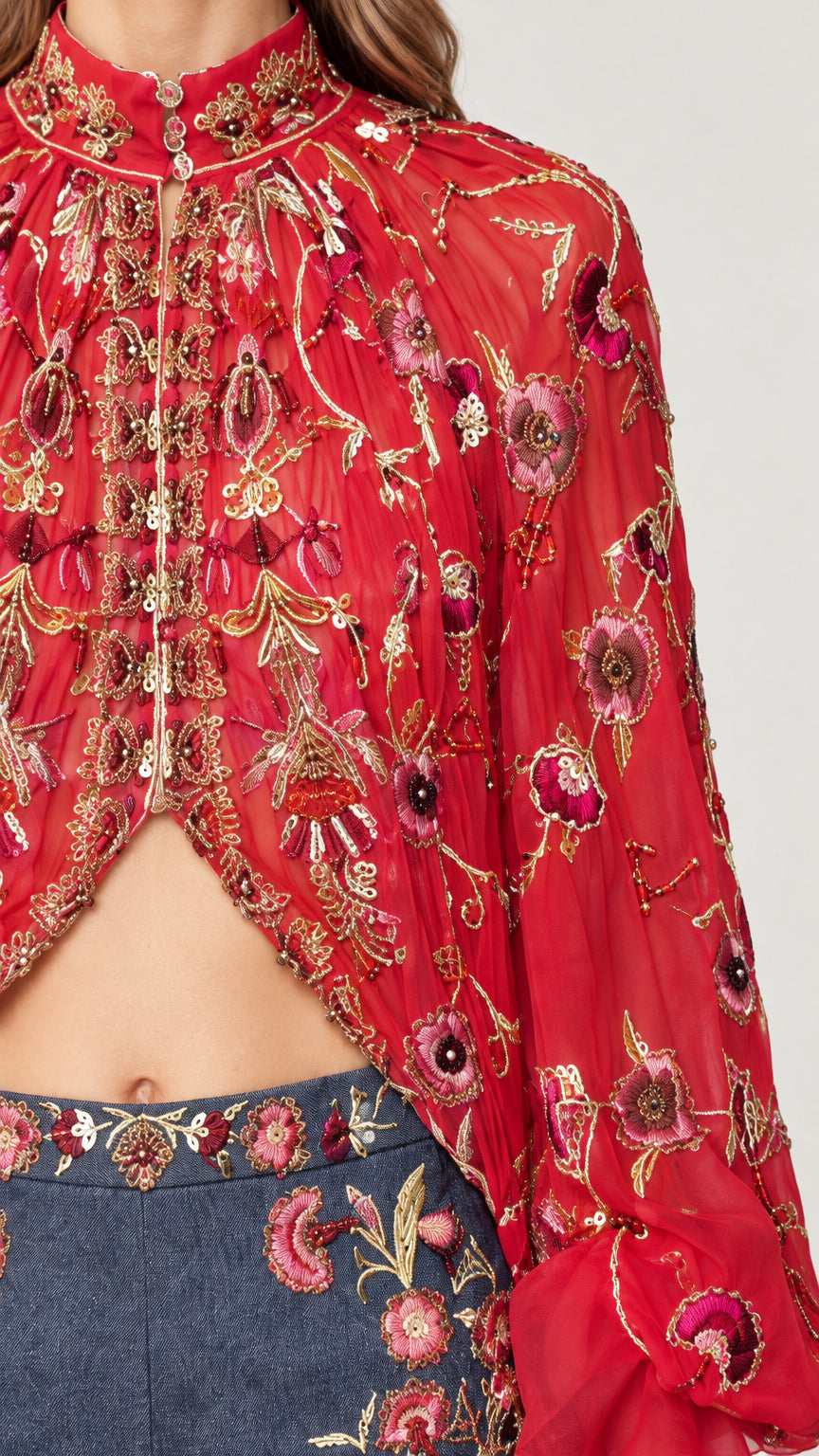 Close-up detail of high collar, intricate floral embroidery, and embellishments on red cape