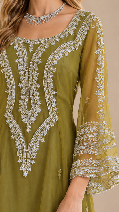 Close-up of intricate silver beadwork and sheer bell sleeves on Olive Green dress