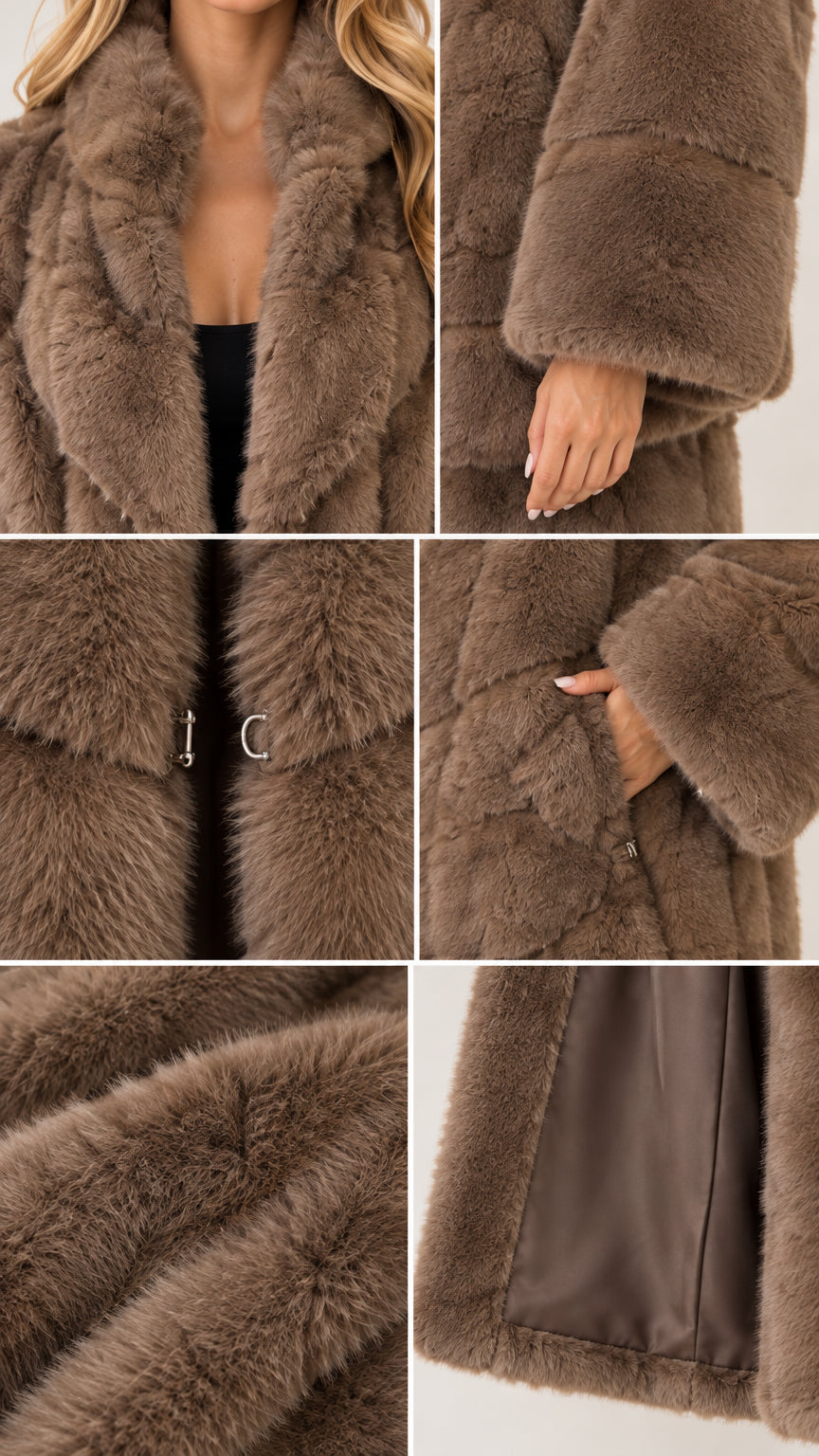 Close-up details of collar, hook-and-eye fastening, pocket, and interior lining