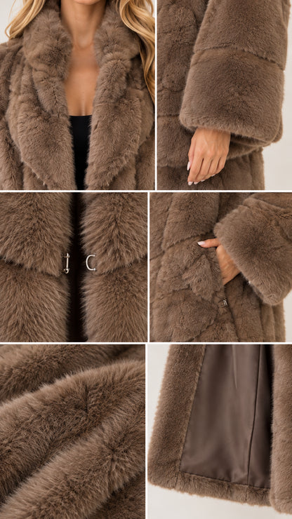 Close-up details of collar, hook-and-eye fastening, pocket, and interior lining
