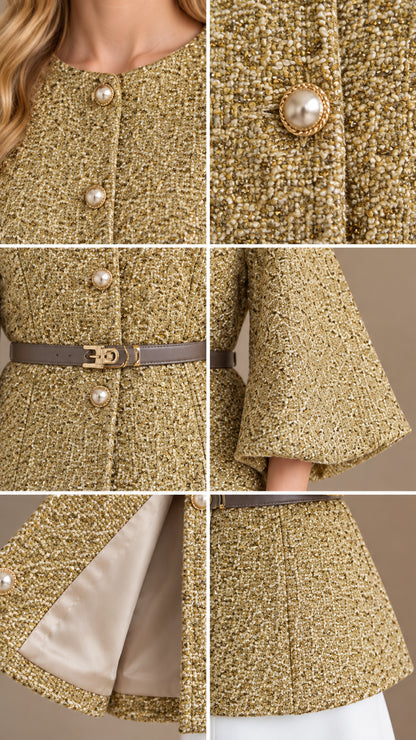 Close-up details of pearl buttons, belt buckle, lantern sleeve, and smooth jacket lining