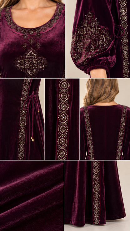Close-up details of embroidery, neckline, and side ties on velvet dress