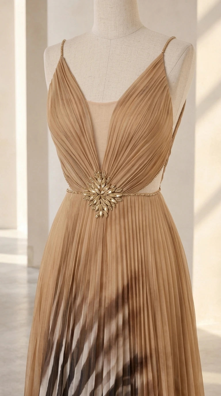 Close-up of pleated bodice and crystal waist embellishment on mannequin