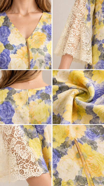 Close-up details of neckline, delicate lace cuff trim, and smooth floral fabric texture