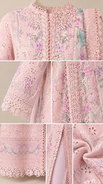 Close-up details of eyelet lace embroidery, neckline, cuffs, and fabric texture