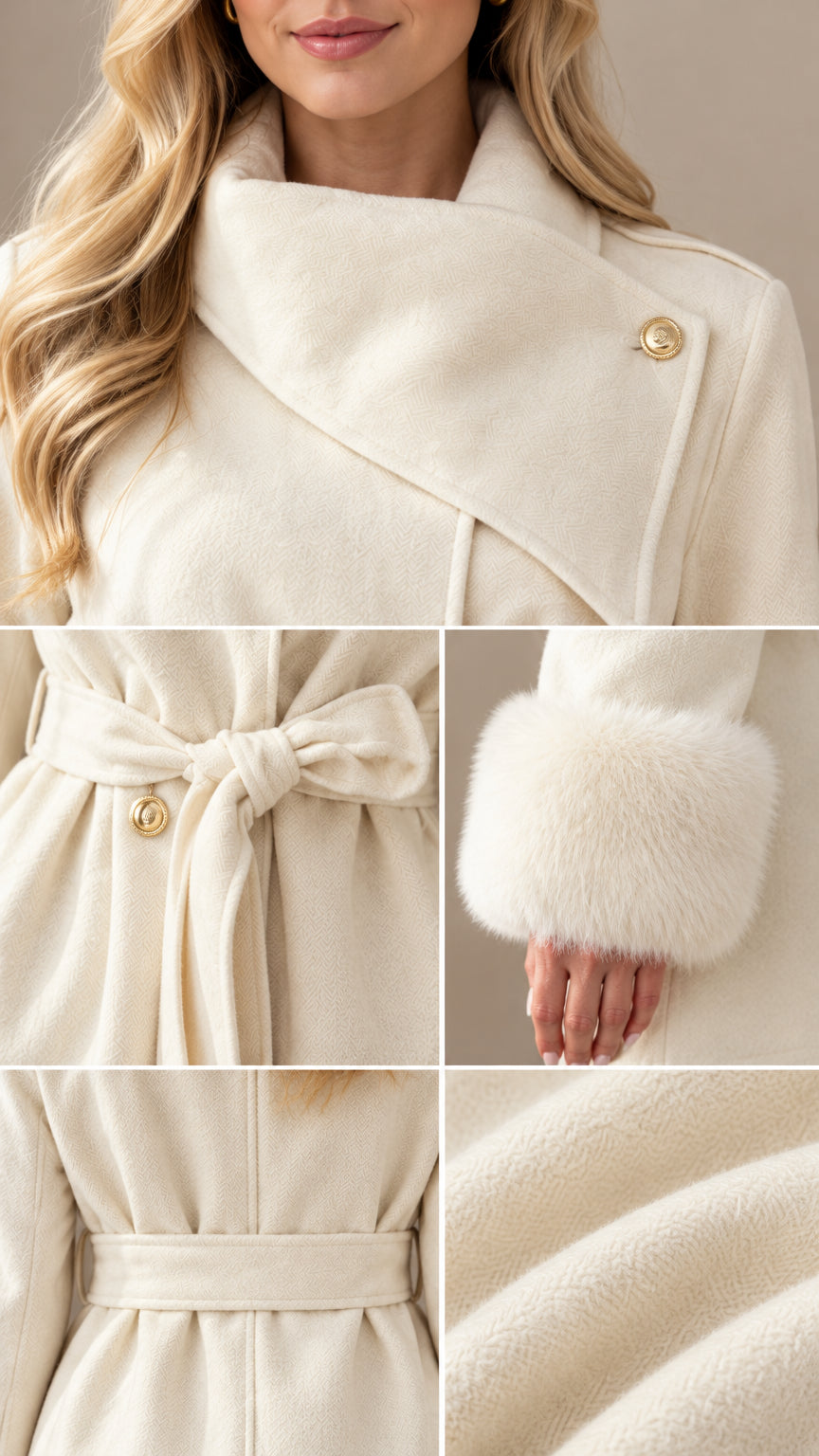 Close-up details of collar button, belt, and plush faux fur cuffs on cream coat