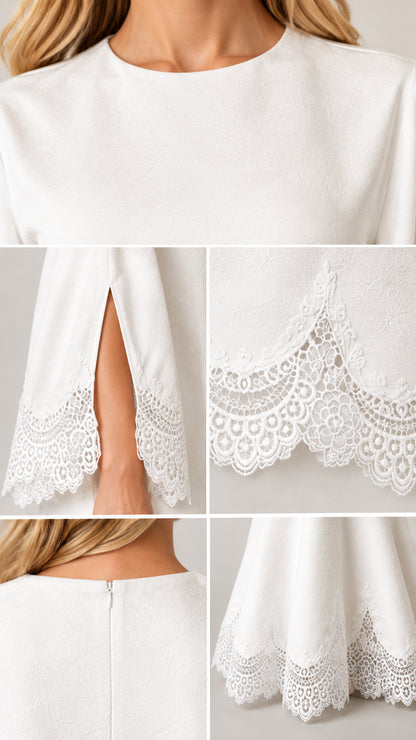 Close-up details of neckline, lace sleeve trim, and back zipper on white gown
