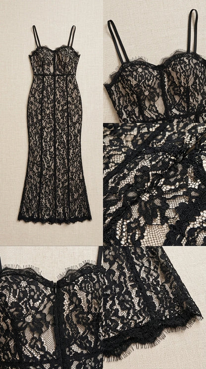 Close-up details of black floral lace fabric, corset bodice, and scalloped trim