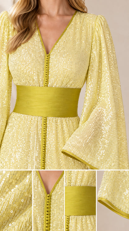 Close-up details of sequin fabric, V-neckline braiding, and wide waist sash