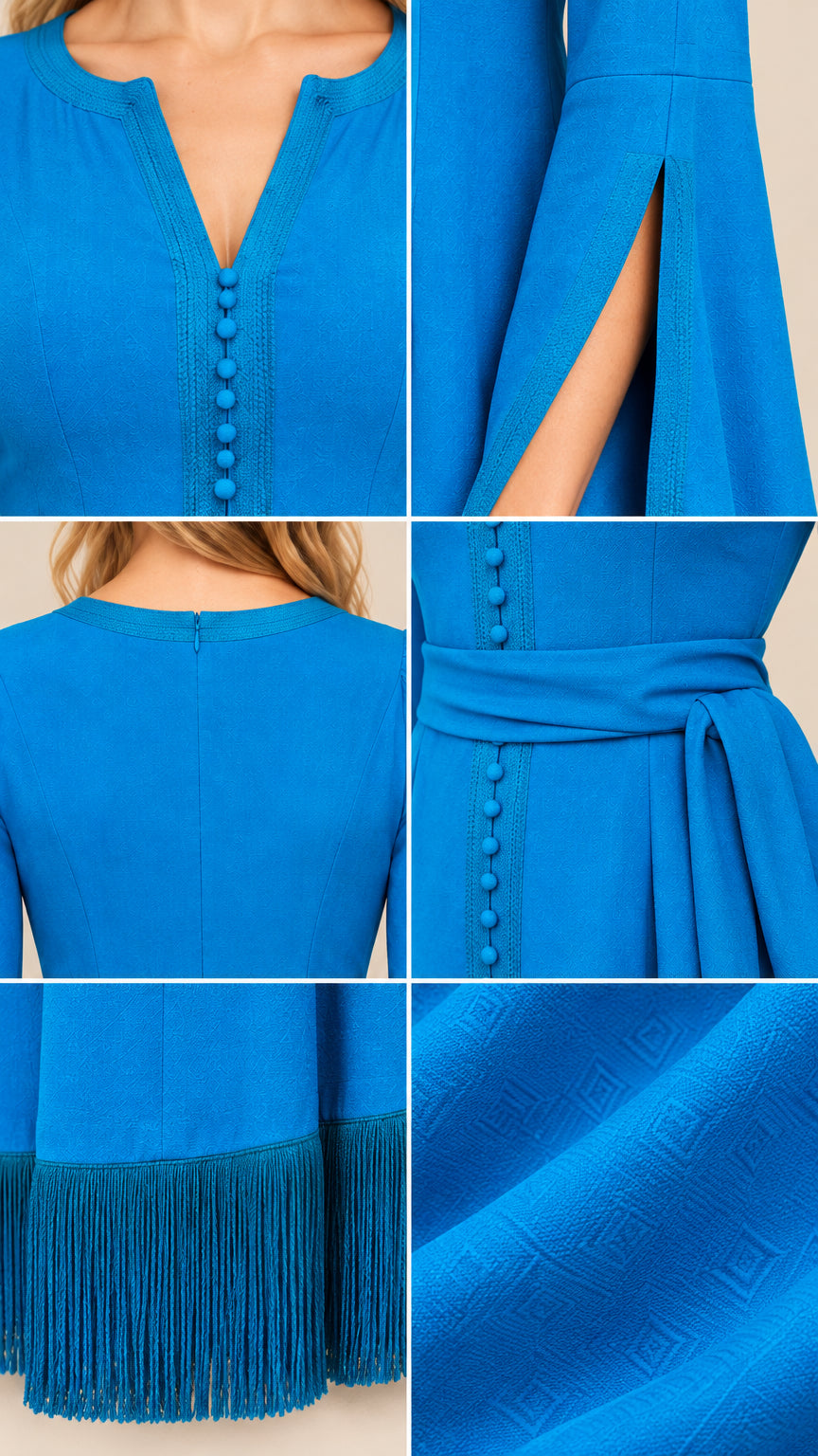 Close-up details of neckline, buttons, slit sleeves, and textured fringe hem