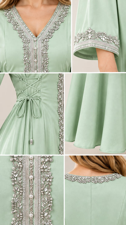 Close-up details of intricate rhinestone embroidery, cuffs, and waist tie