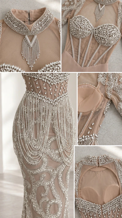 Close-up details of beaded collar fringe, corset boning, hip bead tassels, and back neckline