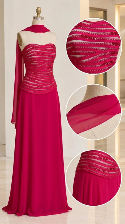 Mannequin display and close-up detail of embellished bodice and neck wrap scarf in fuchsia