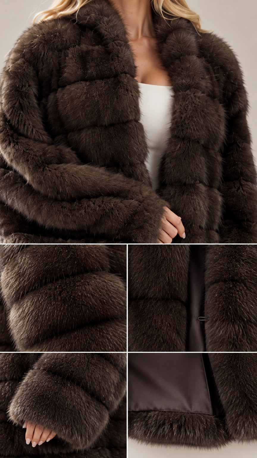 Close-up detail of textured chocolate brown faux fur tiers and smooth lining