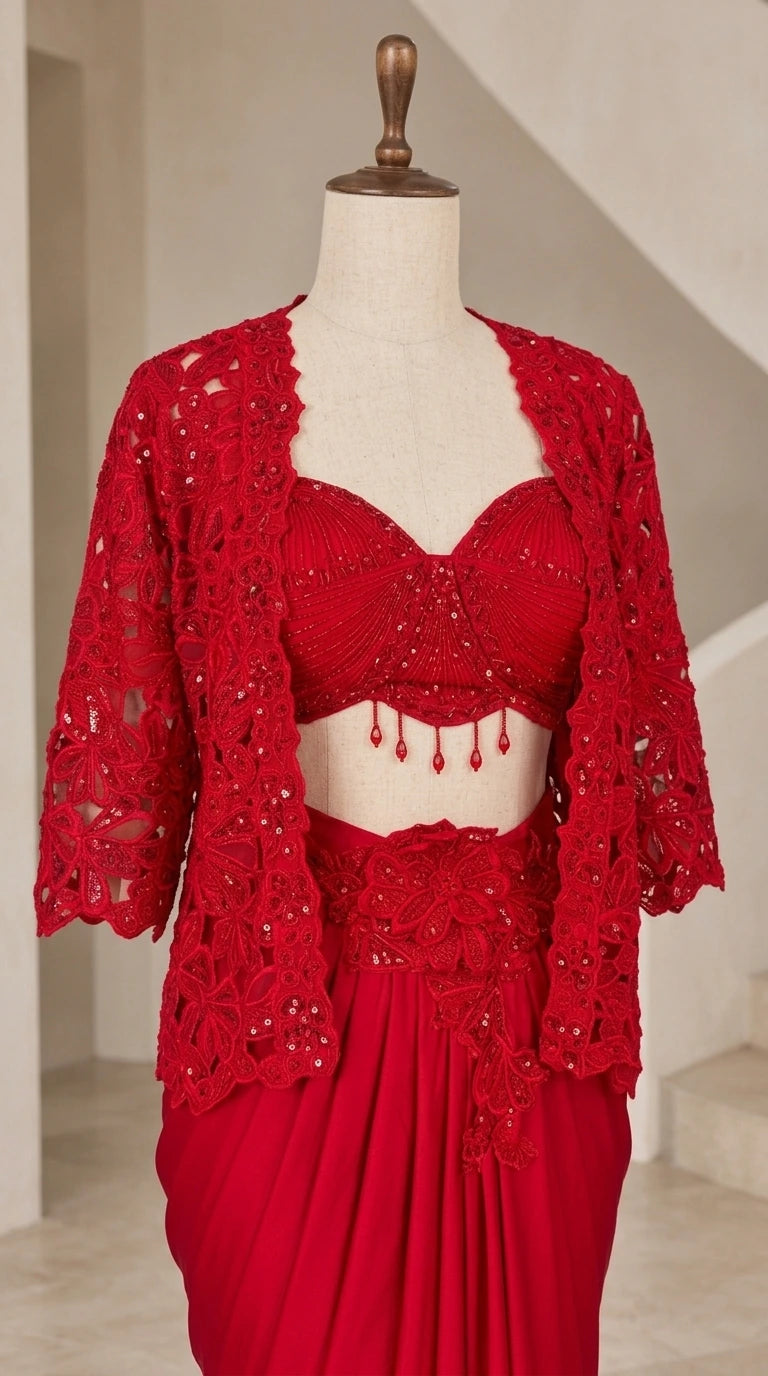 Close-up mannequin display showing beaded crop bustier and lace shrug details in Red