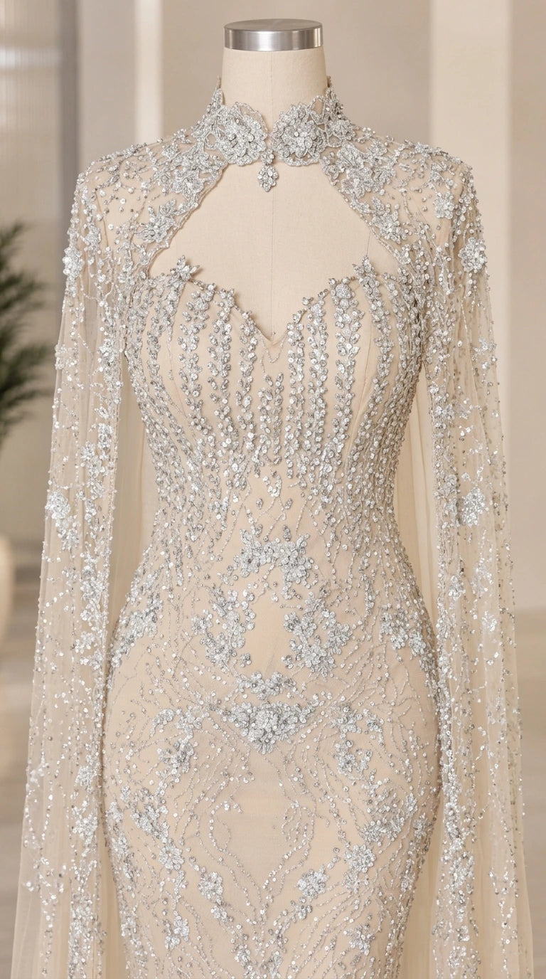 Close-up of champagne sweetheart bodice with crystal embellishments and keyhole cape collar