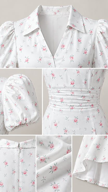 Detail view of collar, puff sleeve cuff, ruched waist, and zipper on White floral dress