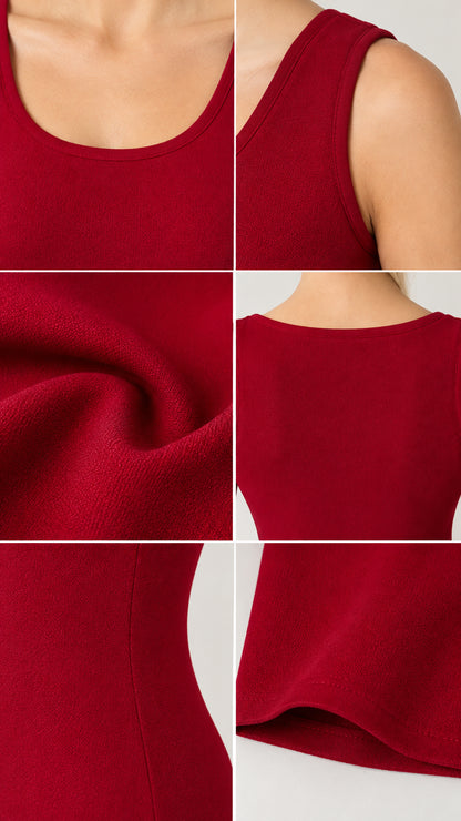 Close-up details of scoop neckline, knit fabric texture, and hem stitching on Burgundy dress