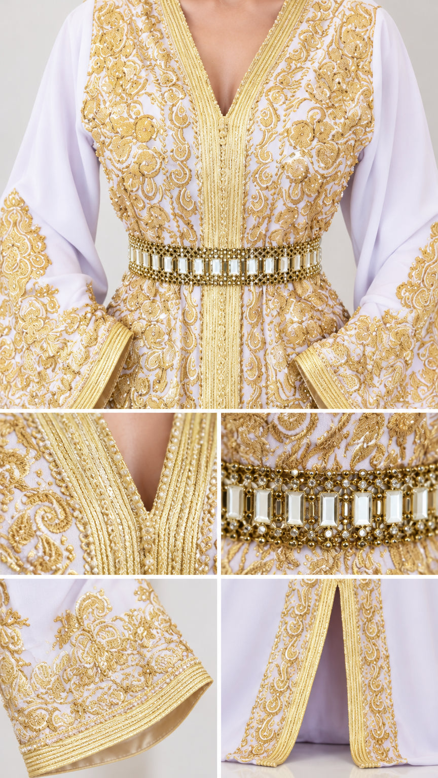 Close-up details of gold embroidery, rhinestone belt, and split hem on kaftan dress