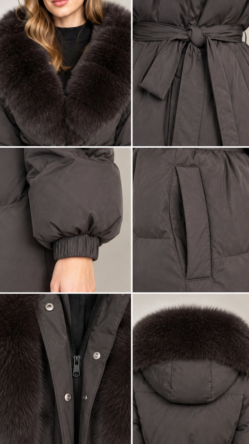 Close-up details of dark grey puffer coat fabric, tie belt, cuff, pocket, and zipper placket