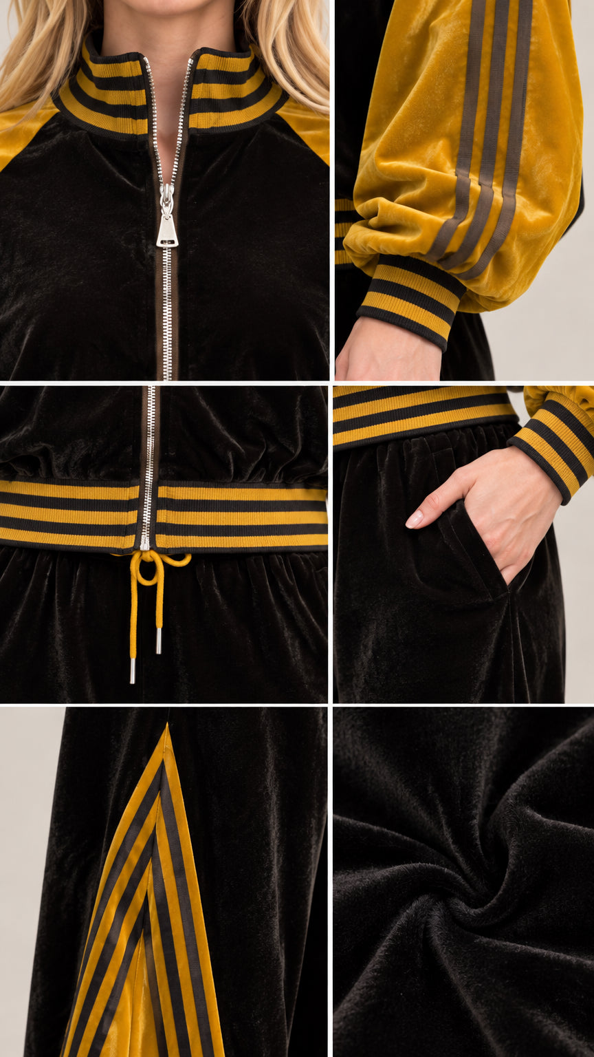 Detailed close-up of zipper, ribbed striped cuffs, drawstring waist, and velvet texture