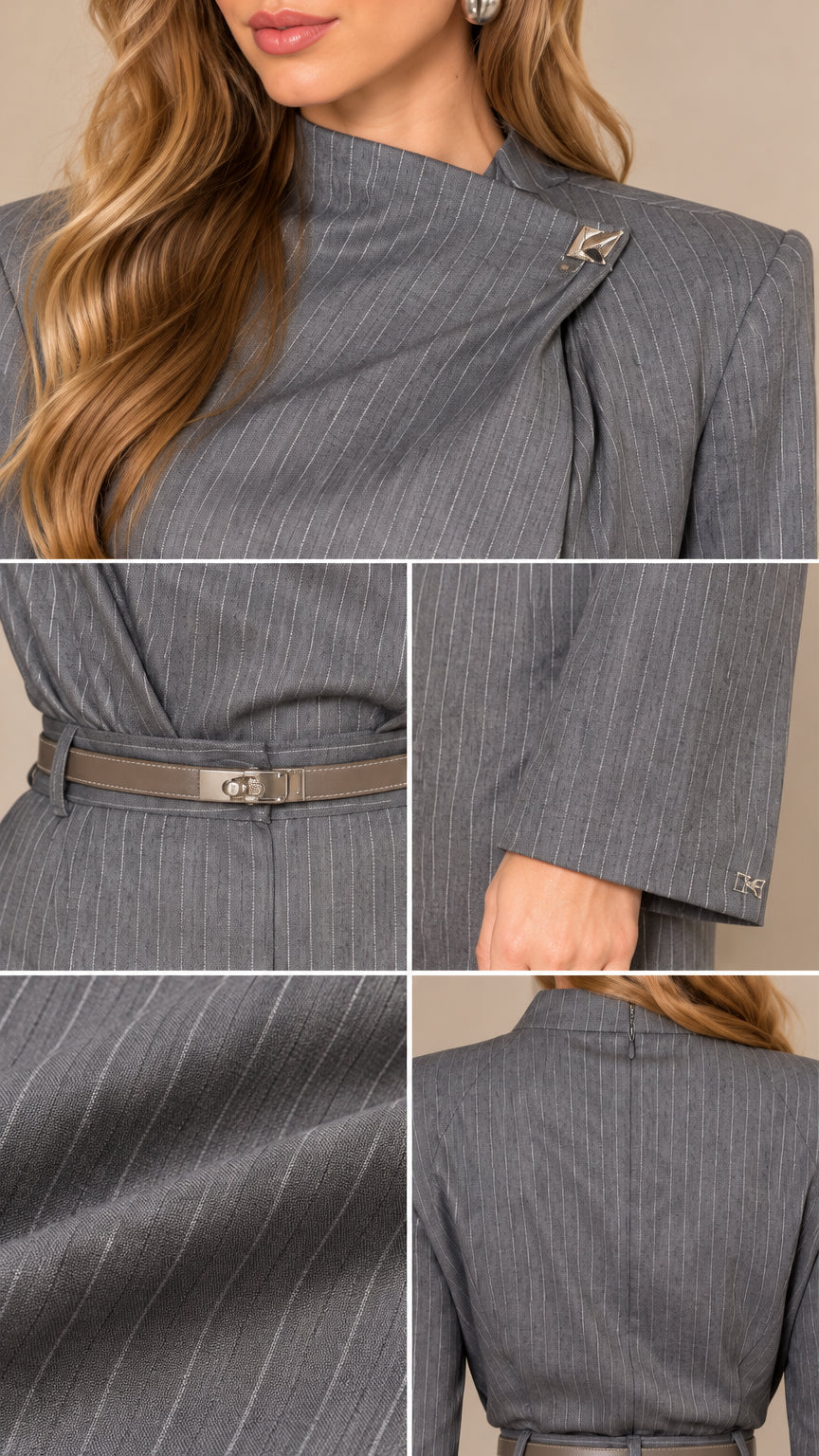 Close-up details of asymmetric collar hardware, belt, and fabric texture