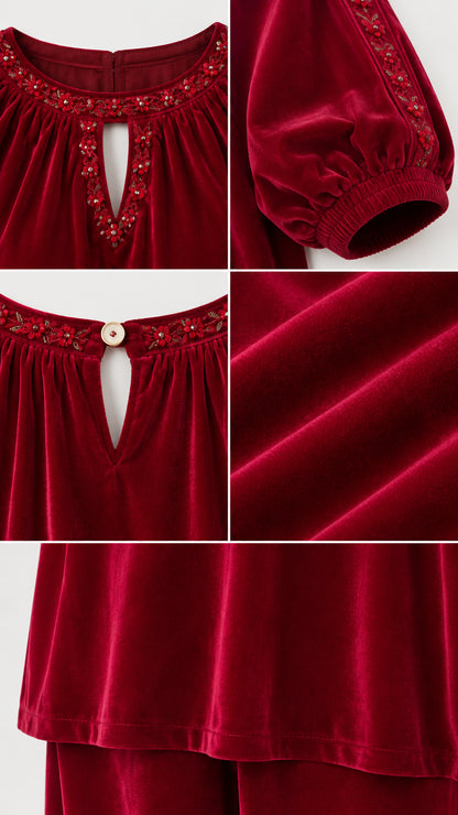 Close-up details of beaded neckline, elastic cuffs, and rich velvet fabric