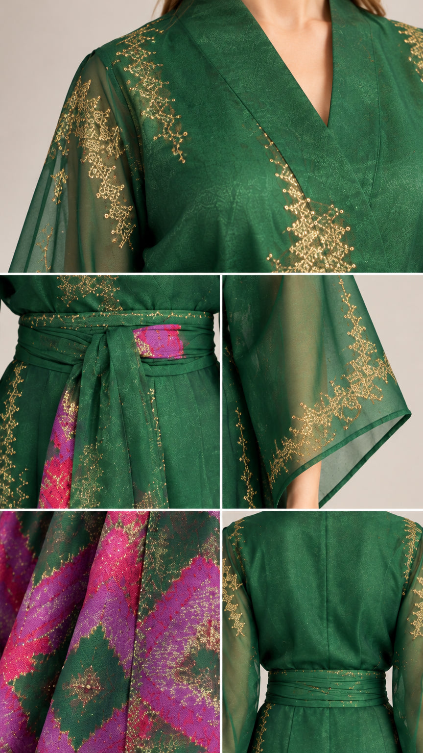 Close-up details of gold-tone pattern and belt on emerald green kimono dress