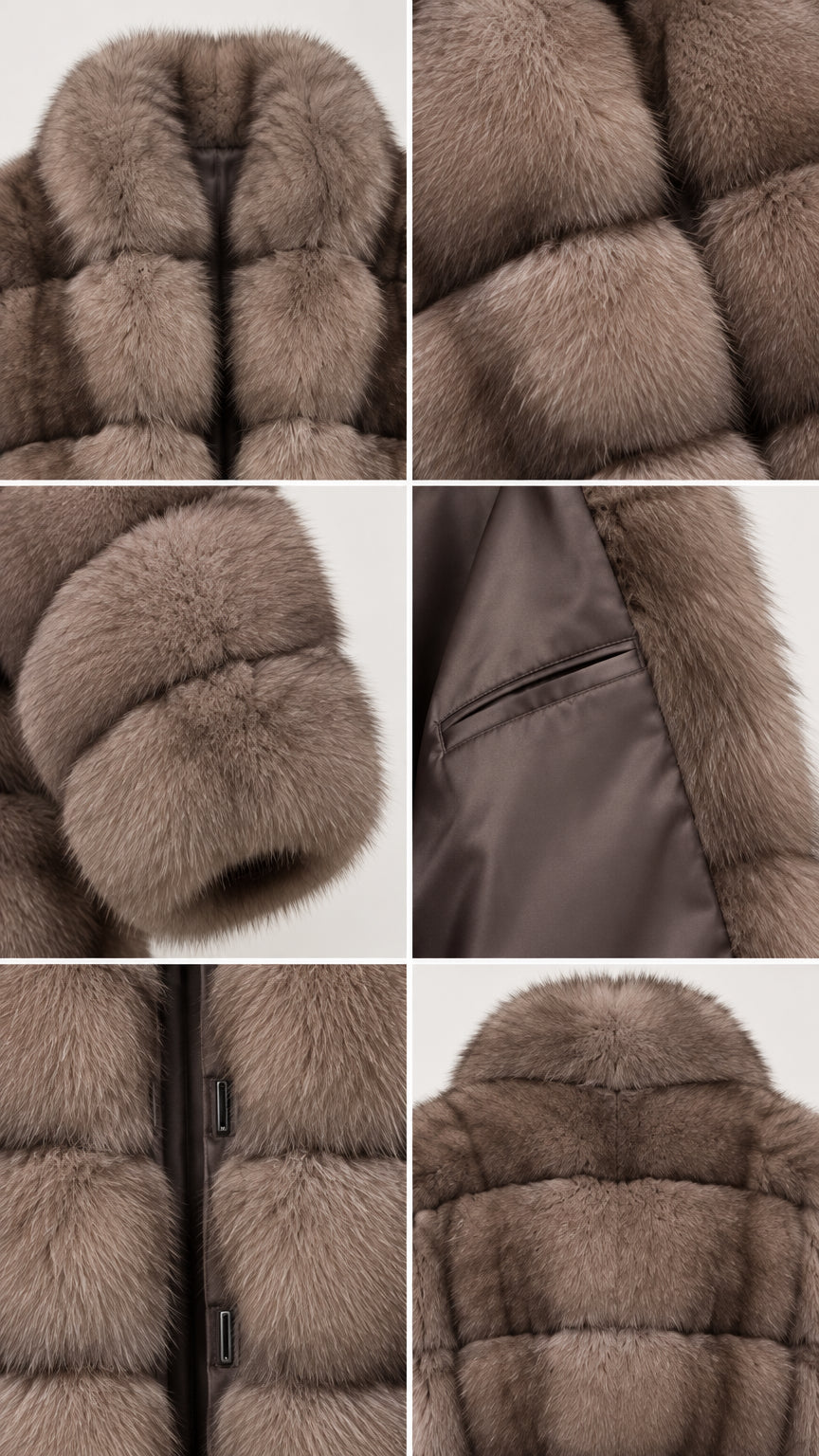 Close-up details of the collar, faux fur texture, lining, and hidden closures
