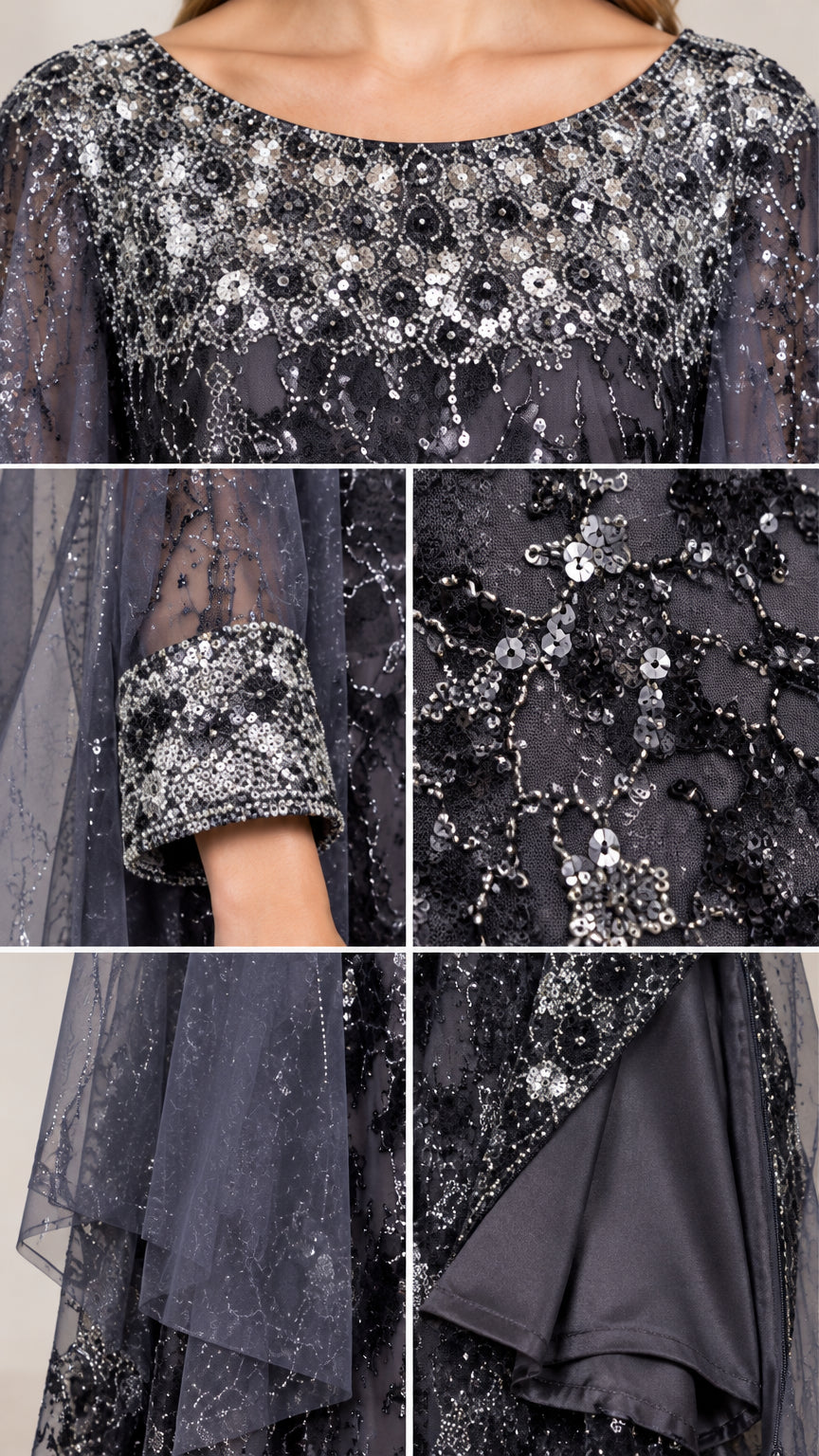 Close-up details of beaded neckline, embellished sleeve cuffs, sequin tulle, and interior lining