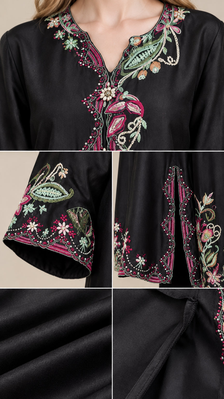 Detailed close-up collage showing intricate V-neck floral embroidery, beaded cuffs, and smooth fabric texture