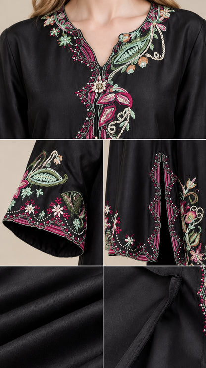 Detailed close-up collage showing intricate V-neck floral embroidery, beaded cuffs, and smooth fabric texture