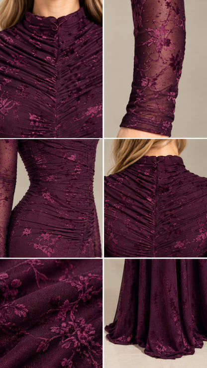Close-up details of ruched mock neck, sheer sleeve, and lace fabric texture